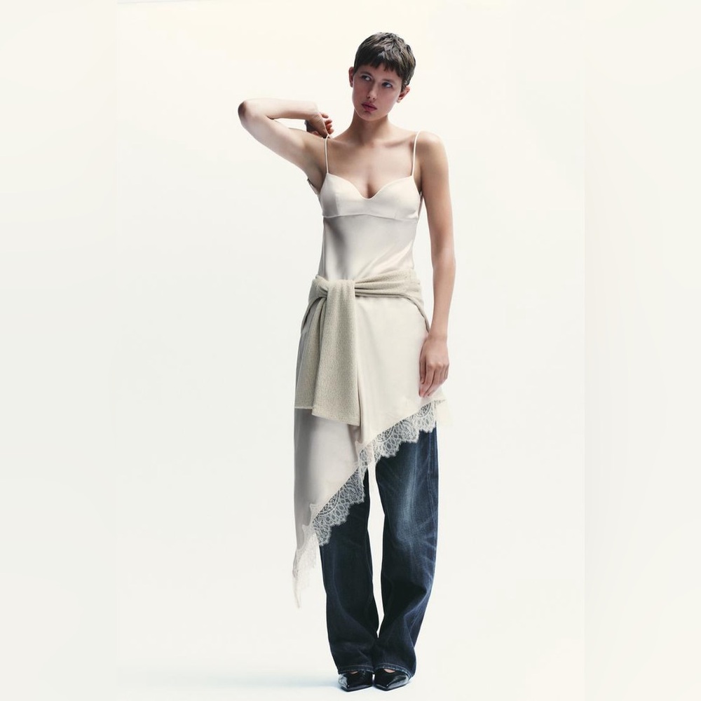 Zara Satin Lace Trimmed Slip Dress in Champagne and Ivory - Picture 9 of 10